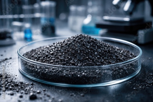 Laboratory petri dish filled with lightweight graphene powder material
