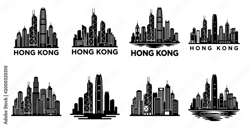 Fototapeta premium Hong Kong skyline badge set skyscraper building tower logo silhouette