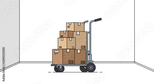 A metal hand truck loaded with a tall stack of brown cardboard boxes moves across a clean white room floor during a residential relocation or home move project.