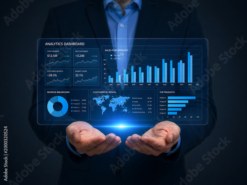 Business professional displaying a futuristic holographic analytics dashboard with charts, graphs, and world map data