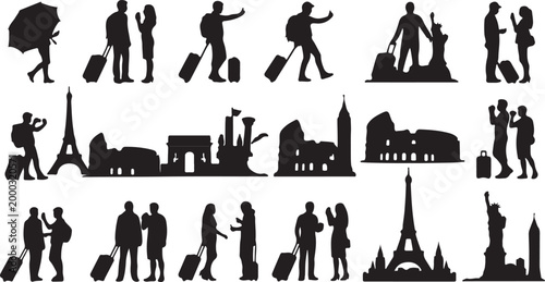 Travel icons, tourist symbols, city landmarks, black silhouette graphics