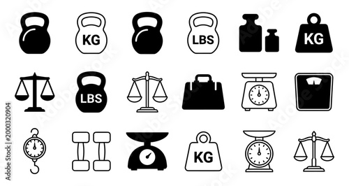 Weight scale icon set with kettlebell balance and dumbbell silhouette