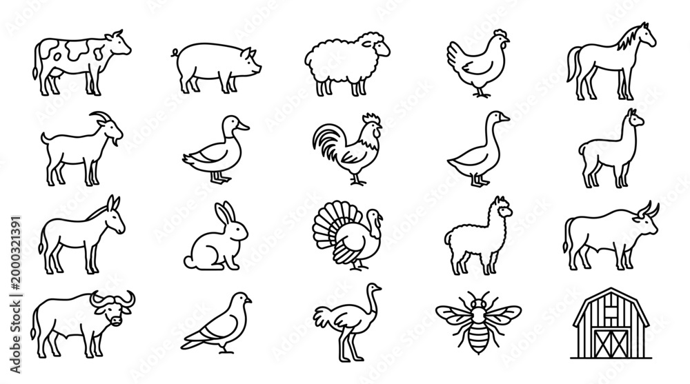 Fototapeta premium Farm animal line icon set cow pig sheep chicken horse llama rabbit