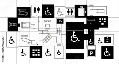 Modern building accessibility signage and floor plan.