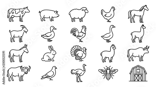 Farm animal line icon set cow pig sheep chicken horse llama rabbit