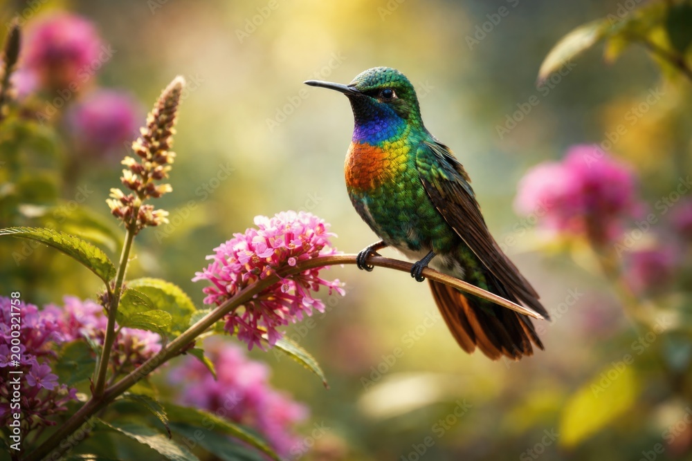 Fototapeta premium Exotic hummingbird pausing on a flowering plant stem