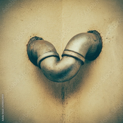 Curved metal pipe fitting on wall with distressed texture and muted color palette