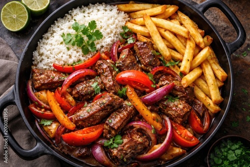Delicious Peruvian beef Lomo saltado with stir fried vegetables fries and rice in black pan overhead shot