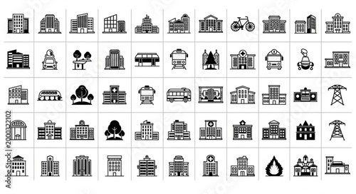 Collection of diverse building icons and city elements.