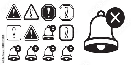 Set of warning and notification icons for alert and alarm concepts, including caution sign, sleep mode, and disabled bell.