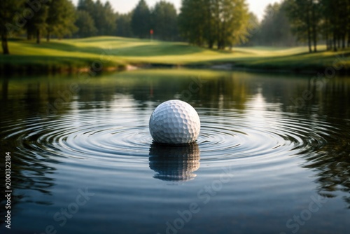 Golf ball resting on placid water surface causing mild ripples against a quiet green golf course landscape