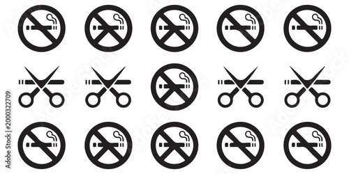 Set of prohibition icons for smoking and scissors cutting cigarettes stop smoking and no smoking signs for public places and health awareness.