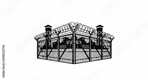 A black and white illustration of a prison with guard towers and barbed wire