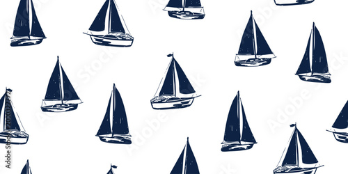 Sailboat seamless pattern. Hand drawn nautical yacht doodle in navy blue ink. Minimalist marine travel sketch. Ocean sailing background. Vector illustration for textile, wallpaper, baby clothes.
