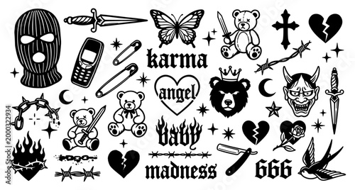 Streetwear tattoo flash sheet balaclava teddy bear dagger old school