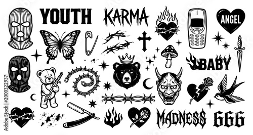 Balaclava butterfly tattoo flash sheet streetwear old school heart dagger