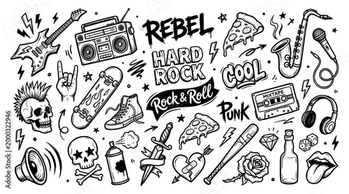 Hard rock and roll doodle set with punk skull guitar and boombox