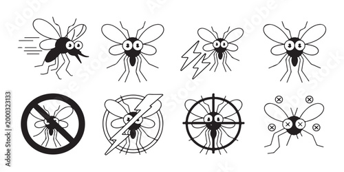 Collection of mosquito icons depicting various states from flying and zapping to being targeted or dead, on white background.