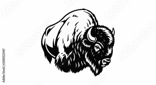 A black and white illustration of a bison in profile