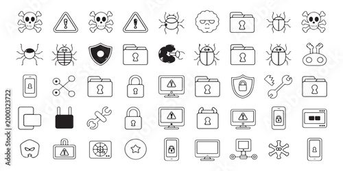 Cyber security icons set for websites and applications on white background, digital protection and network safety symbols.