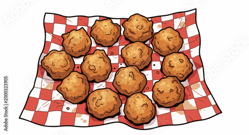 A basket of golden fried meatballs sits on a red and white checkered napkin