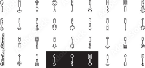 Collection of black and white line kitchen utensil cooking tool spoon ladle whisk