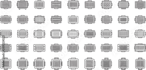 Collection of black and white outline of grill pans with various grate patterns cooking equipment
