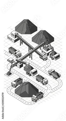 High-quality isometric mining industry illustration featuring coal mining operations with heavy equipment such as excavators, dump trucks, and drilling machines. Clean vector design with solid colors,