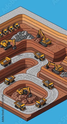 High-quality isometric mining industry illustration featuring coal mining operations with heavy equipment such as excavators, dump trucks, and drilling machines. Clean vector design with solid colors,