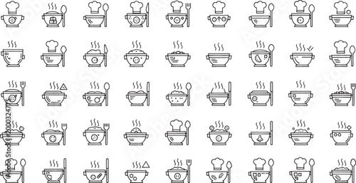 Collection of black line depicting steaming bowls of food and cooking utensils