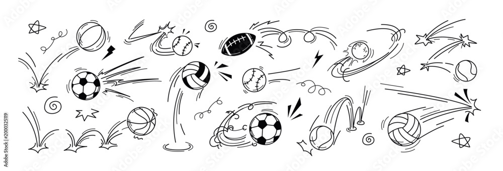 Obraz premium Vector doodle sport ball trajectory bounce with motion line effects. Hand drawn soccer, football, basketball, rugby, volleyball, tennis and baseball sketch icons with flying bouncing movement and jump