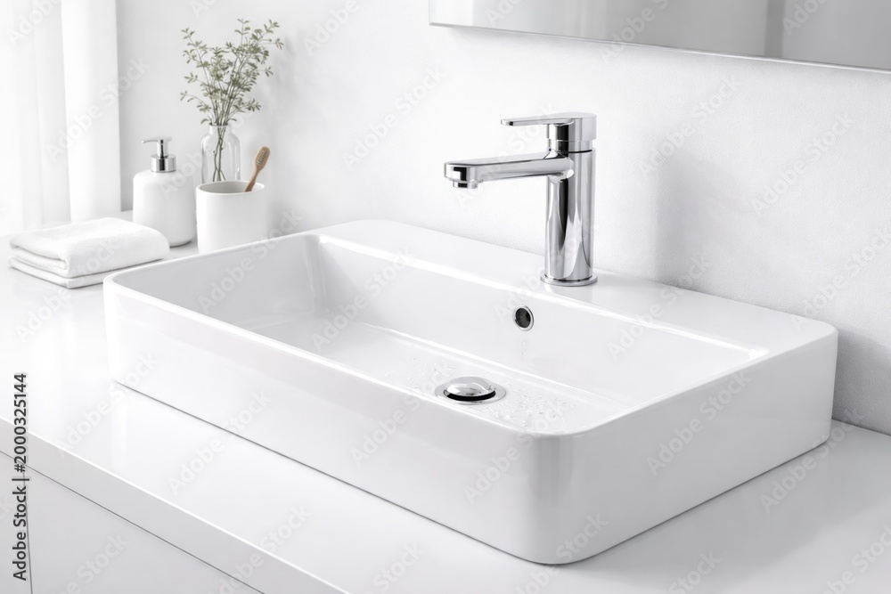 Fototapeta premium contemporary white basin featuring a chrome faucet set against an all white surface