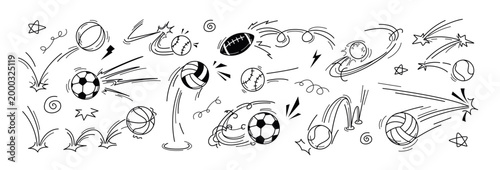 Vector doodle sport ball trajectory bounce with motion line effects. Hand drawn soccer, football, basketball, rugby, volleyball, tennis and baseball sketch icons with flying bouncing movement and jump