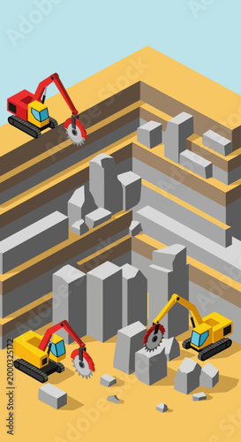 High-quality isometric mining industry illustration featuring coal mining operations with heavy equipment such as excavators, dump trucks, and drilling machines. Clean vector design with solid colors,