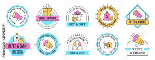 Refer a friend set of colorful outline badges with megaphone. Employee referral program stickers with loudspeaker and coin icons. Marketing design labels for business network, promotional advertising