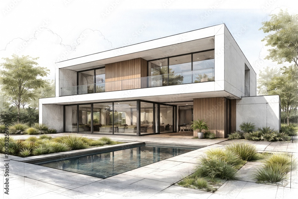 Fototapeta premium Minimalist modern home drawing with clean lines