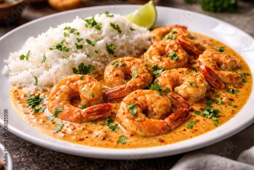 Creamy coconut shrimp curry including tender shrimp and fresh cilantro garnished with fluffy white rice on a smooth white plate