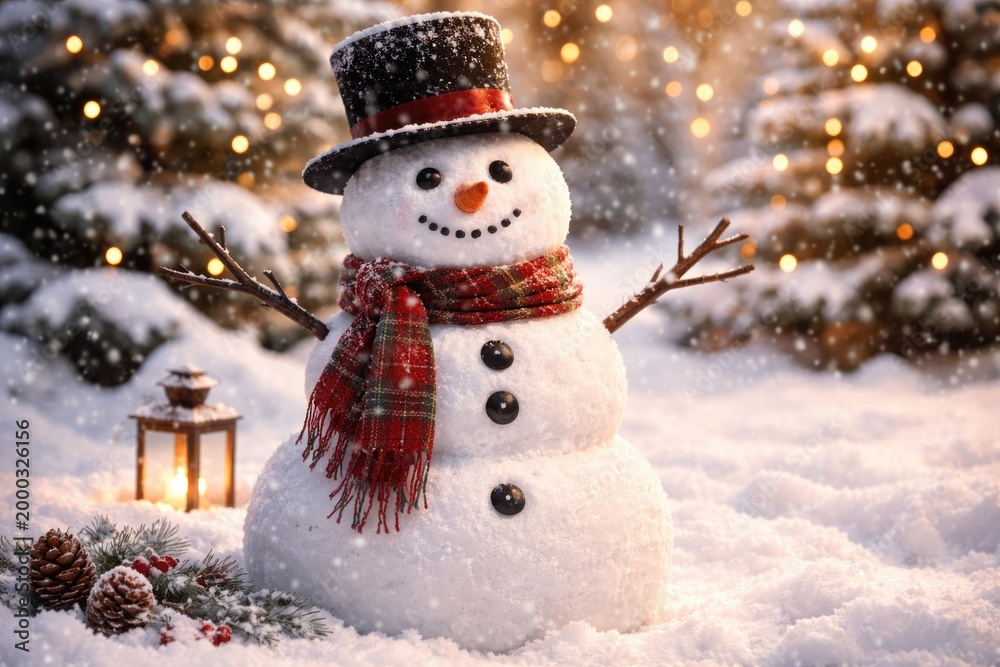 Obraz premium Cheerful snowman with black top hat standing on snowy ground in holiday setting