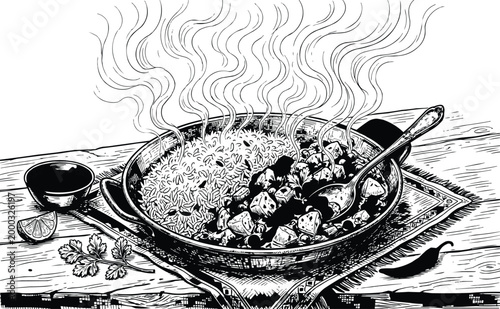 This is a beautiful picture, showing a plate of hot meat and rice, with smoke rising from it. Next to the plate are a bowl of chili and lemon slices.