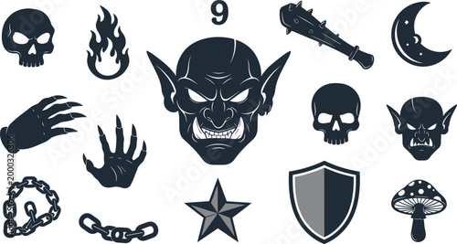 Dark Demon Horror Silhouette Elements Set Isolated on White Background
