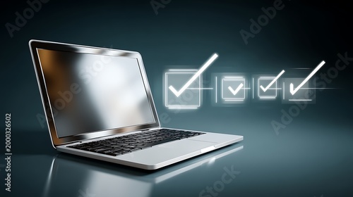 Modern Laptop with Digital Checkmarks on a Dark Background