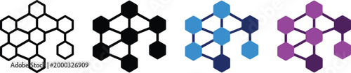 Blockchain network vector icon set with connected hexagon nodes in black, blue and purple flat style, editable decentralized technology symbols collection for crypto apps and fintech branding