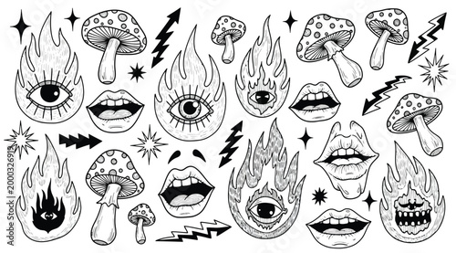 Psychedelic collection of flaming eyes, mushrooms, mouths, lightning, and stars