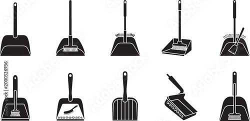 Collection of black silhouette dustpans and brushes on white background broom cleaning household