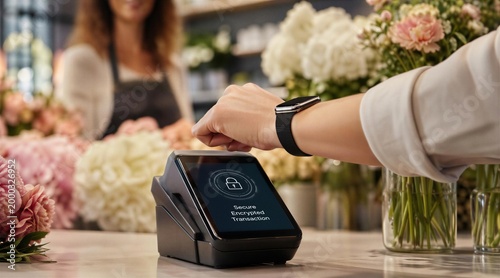 Customer making a secure encrypted payment using a smartwatch at a floral shop point of sale terminal