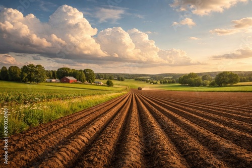 Extensive farmland with fresh plowing under radiant sky complemented by billowy clouds reflecting rural calm