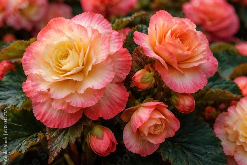 Close up image showcasing tuberous begonias in full blossom