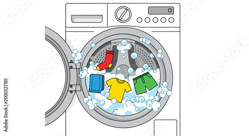 An open washing machine drum is filled with sudsy water and colorful clothes, including a red sock and yellow t-shirt.