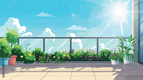 Vector balcony view with plants and sky illustration cozy outdoor scene urban terrace greenery minimal modern lifestyle design