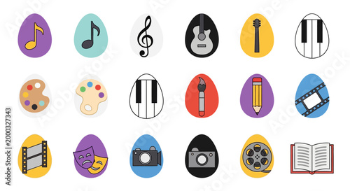 Colorful abstract modern vector illustration of Easter eggs with musical and artistic symbols, set on a digital art background
